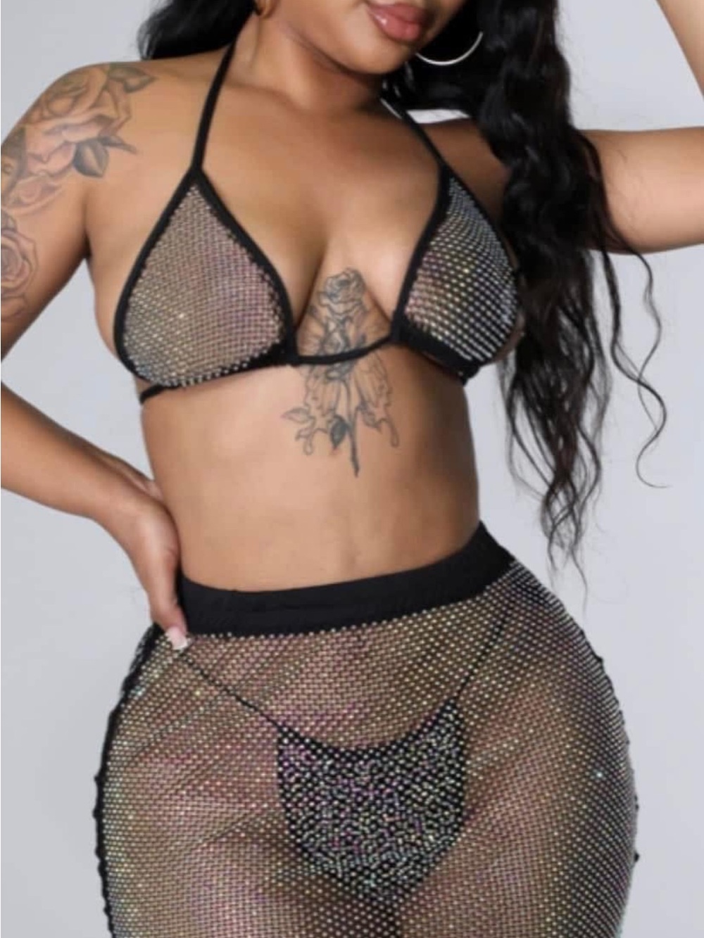 Black Sheer Rhinestone Mesh Bikini Set - Women Intimates